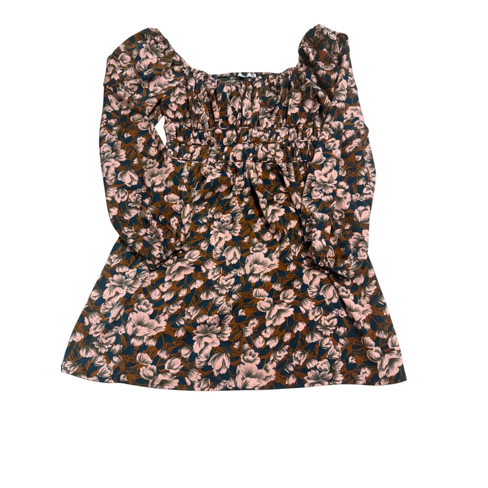 Lush Floral Dress Womens Medium Brown Pink Good Off Shoulder Tie Front Smocked